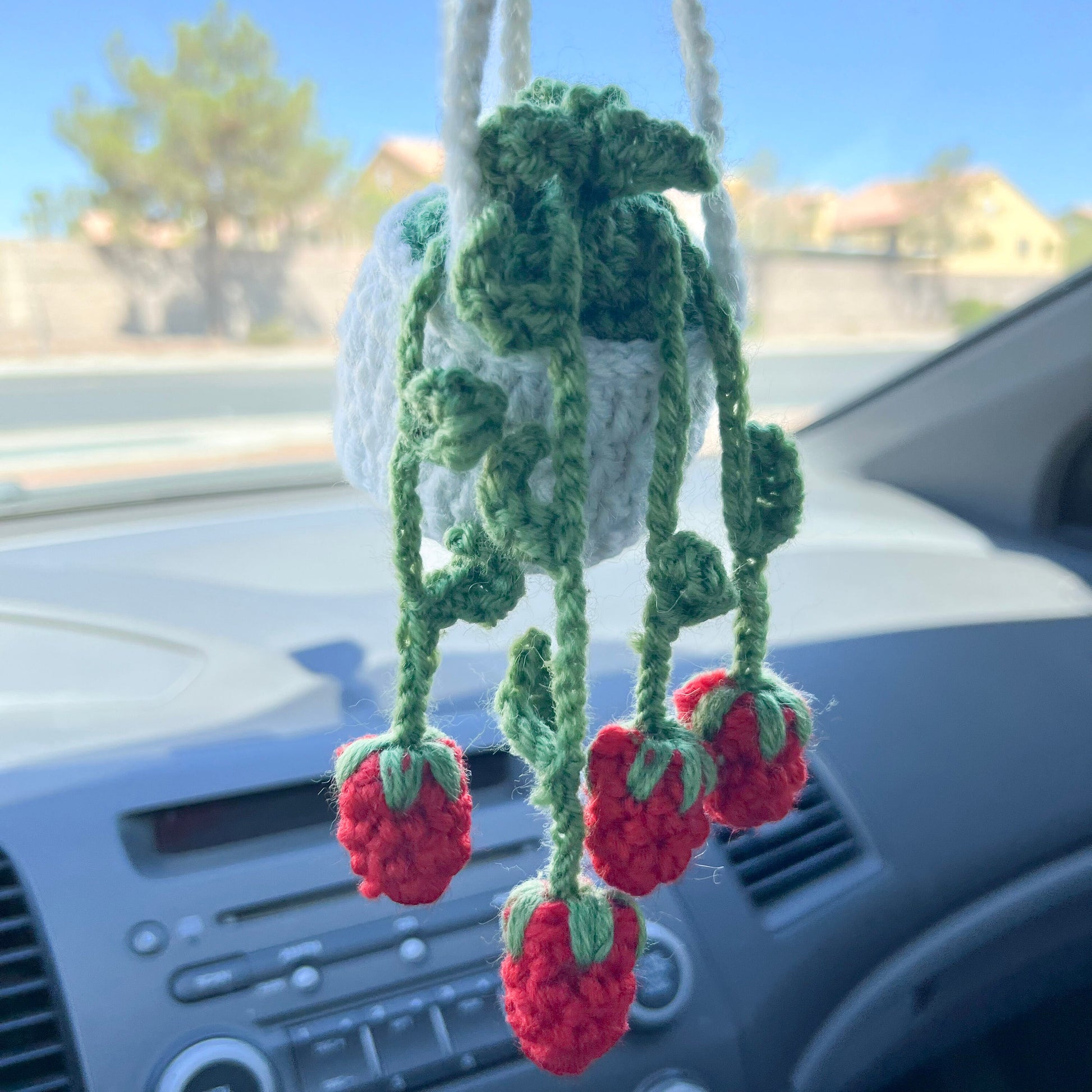 car hanging plant Crochet Strawberry Plant Car Charm: Handmade Rearview Mirror Decor – Lvjungle Plant Shop
