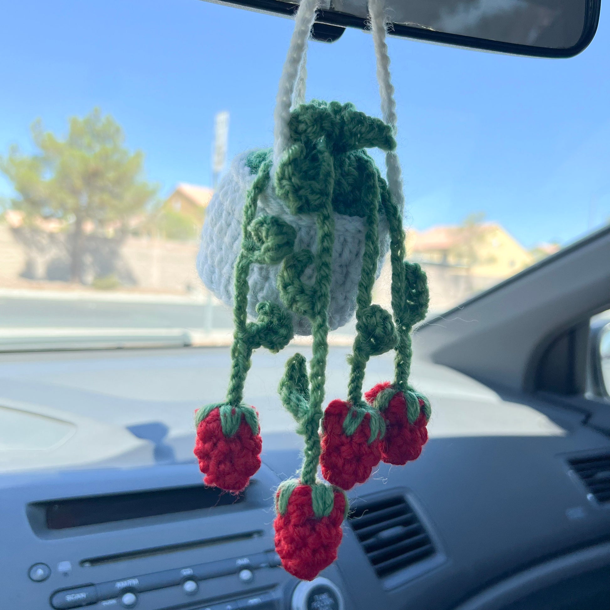 crochet car plant hanger Crochet Strawberry Plant Car Charm: Handmade Rearview Mirror Decor – Lvjungle Plant Shop